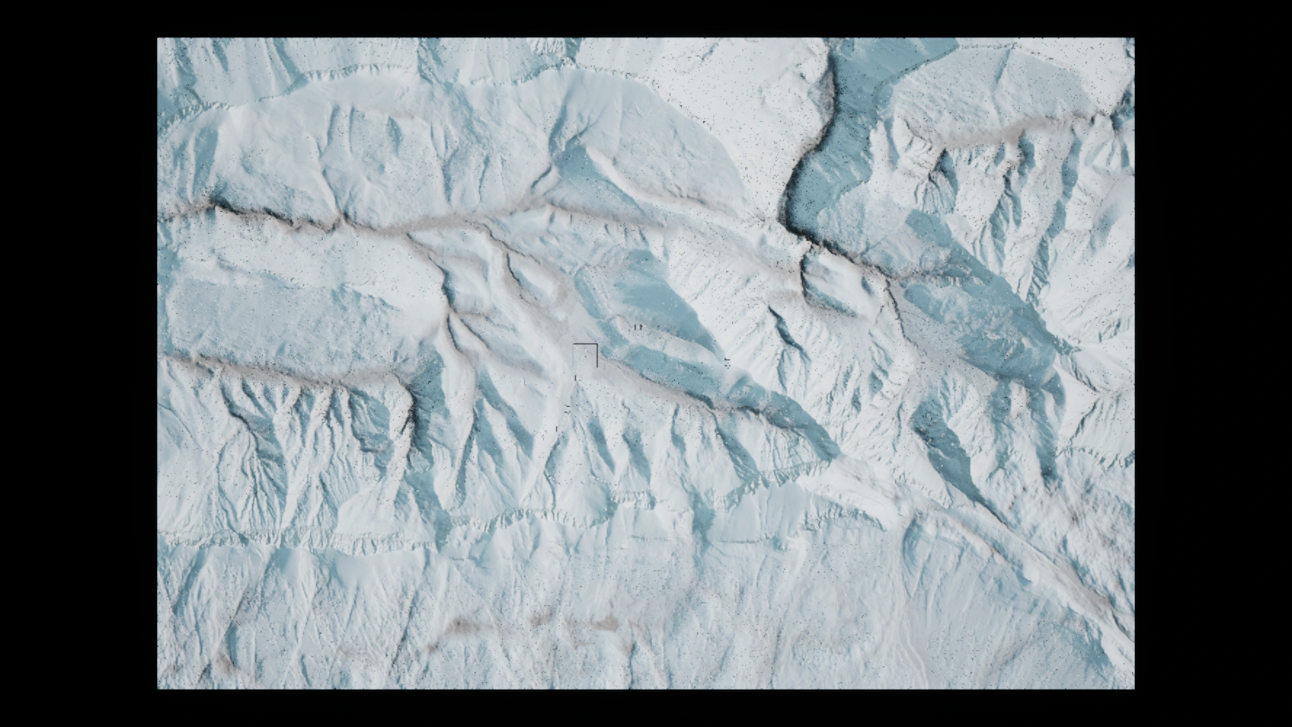 In-game overview of the entire rectangular Veymont map, with forest in the northern, central and southern regions.